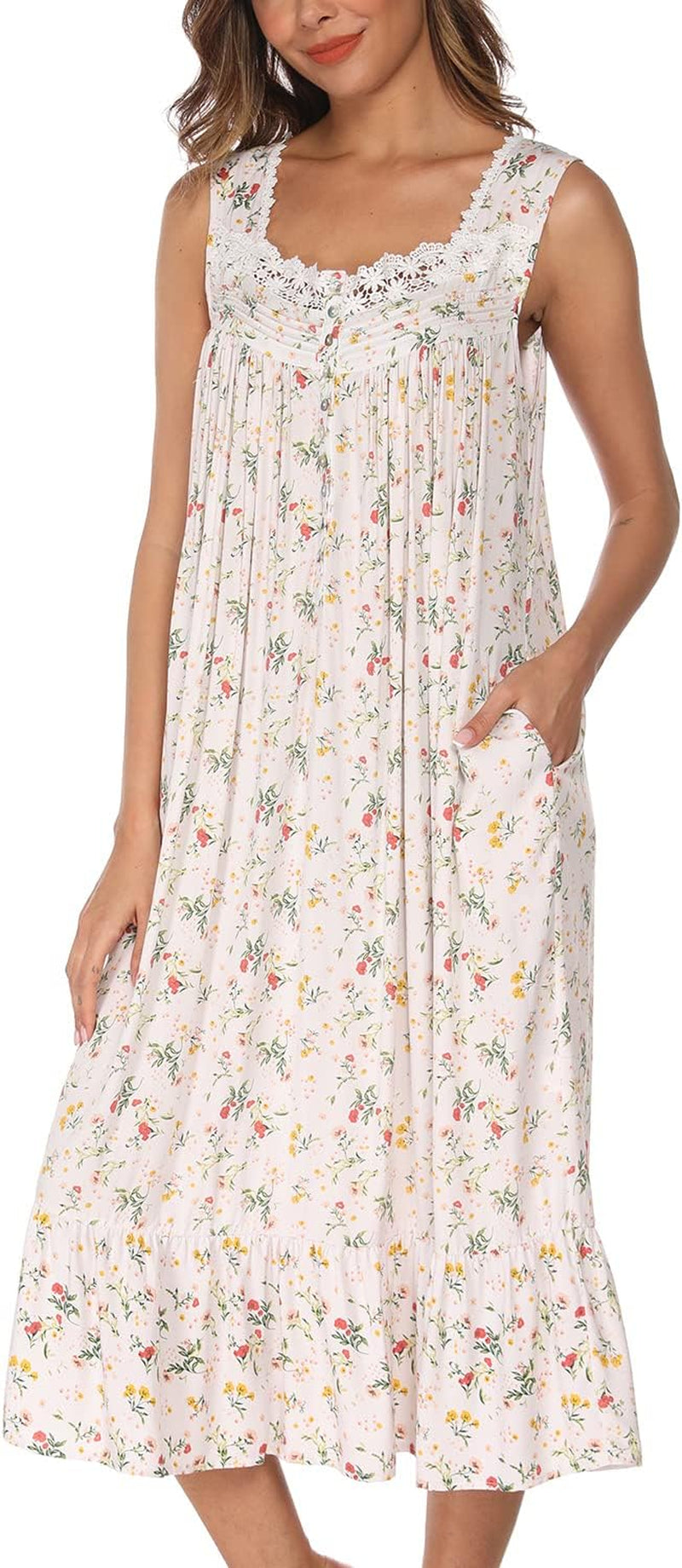 Cotton Nightgowns for Women Sleeveless House Dress Ladies Long Nightdress with Pockets S-XXL