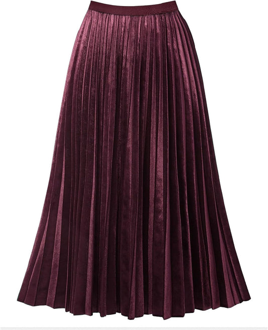 Women'S Pleated A-Line High Waist Swing Flare Midi Skirt