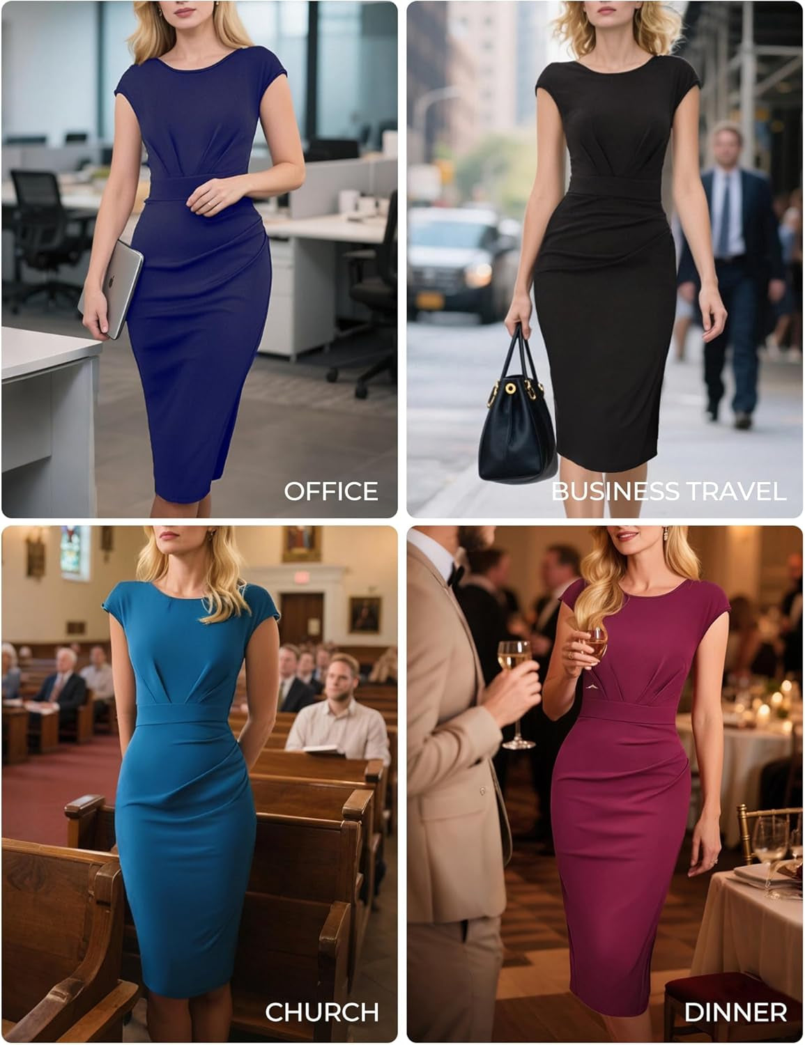 Women'S Wear to Work Dresses 2025 Cap Sleeve Sheath Bodycon Midi Dress Ruched Business Office Pencil Dress