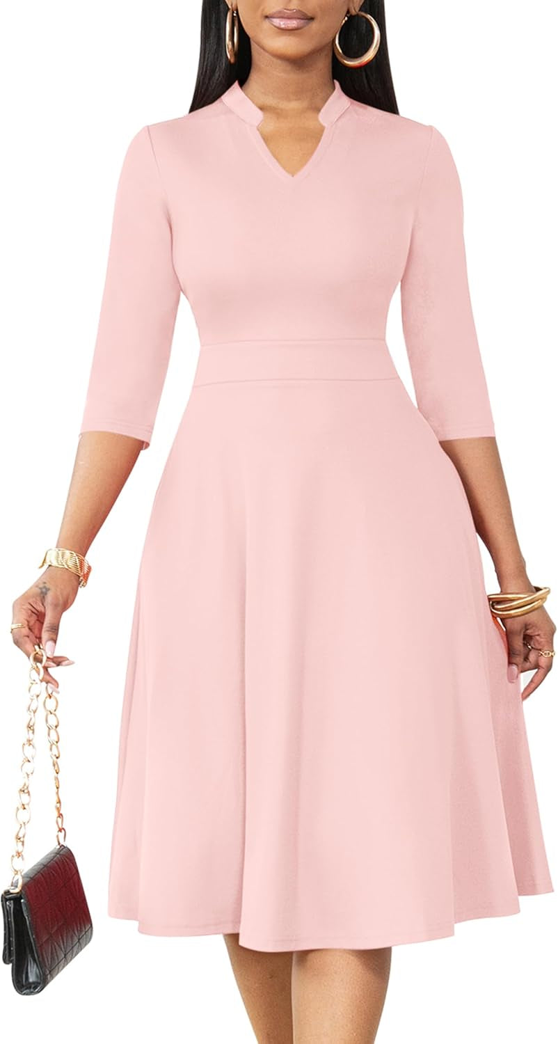 Casual Dresses for Women Semi Formal Fit and Flare 3/4 Sleeve A-Line Church Work Dress with Pockets