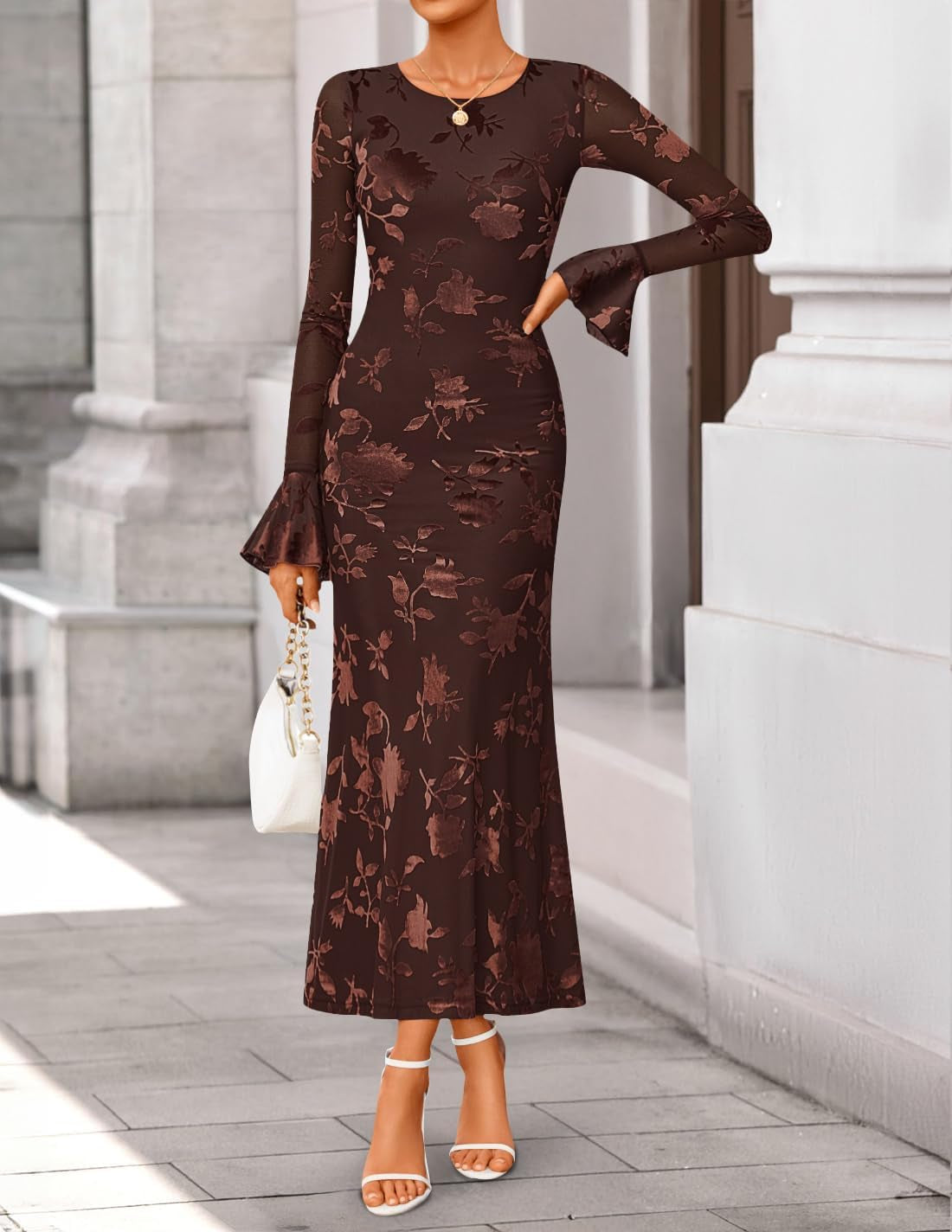 Women'S 2025 Bell Long Sleeve Floral Maxi Dress Fall Fashion Bodycon Mesh Wedding Guest Cocktail Party Dresses