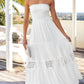 Women'S 2025 Summer Bohemian Strapless off Shoulder Lace Trim Backless Flowy a Line Beach Long Maxi Dress