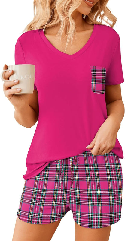 Womens Pajama Sets Short Sleeve Pajamas for Women Sets Soft Lounge Sets Casual V Neck Sleepwear PJS