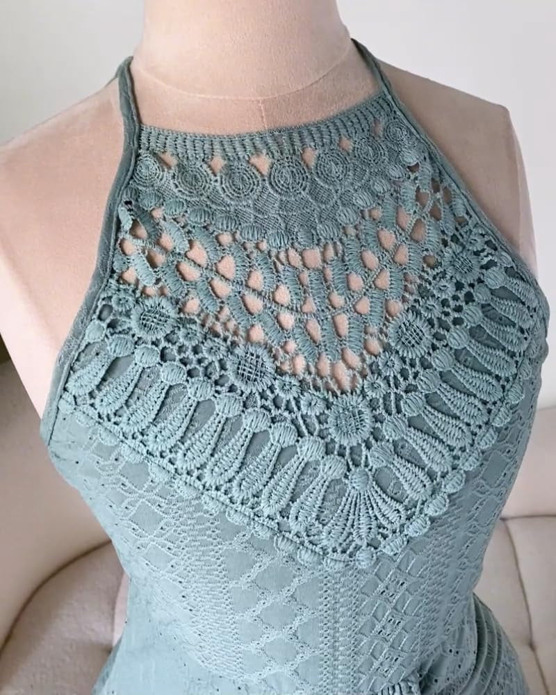 Womens Summer Halter Dress Hollow Out a Line Vacation Dresses with Eyelet Embroidery & Side Slit