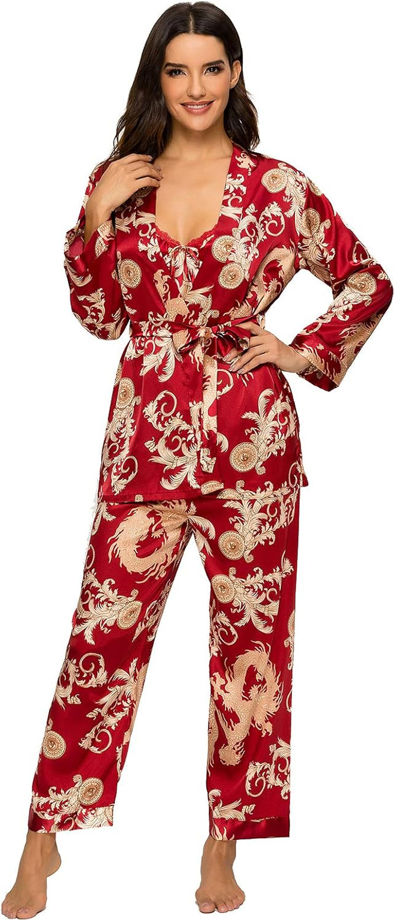 Women'S Silk Satin Pajamas Set 3 Pcs Floral Silky Pj Sets Sleepwear Cami Nightwear with Robe and Pant