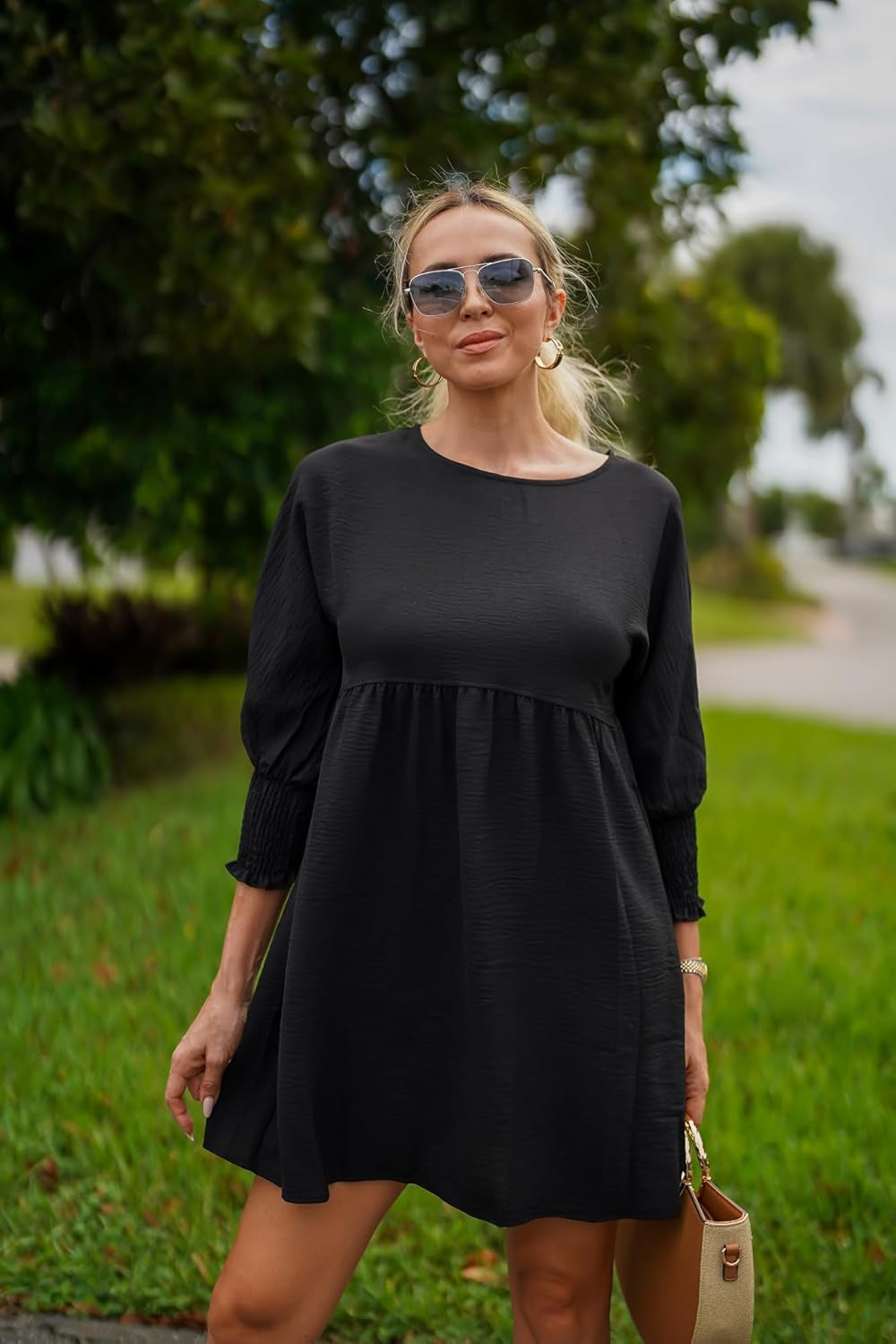 Womens Fall Dresses Casual Tunic Dress Short Sleeve Crew Neck Flowy Babydoll Dress