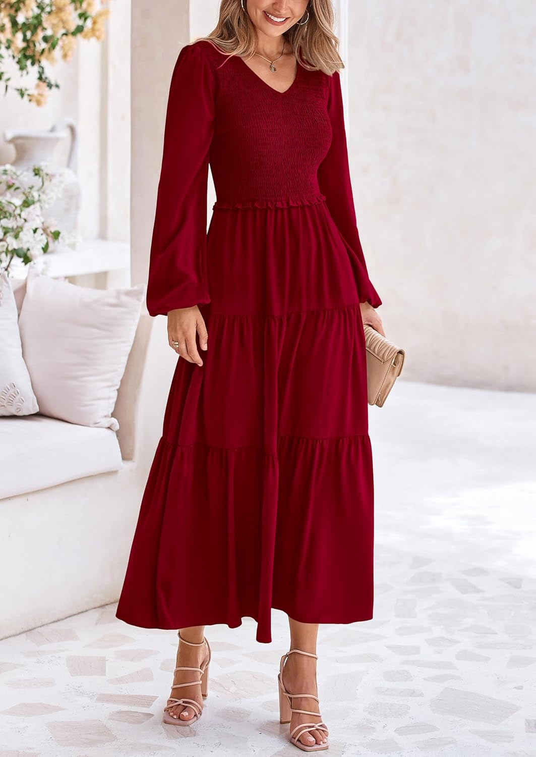 Fall Dresses for Women 2025 Casual Long Sleeve V Neck Smocked a Line Long Flowy Wedding Guest Dress