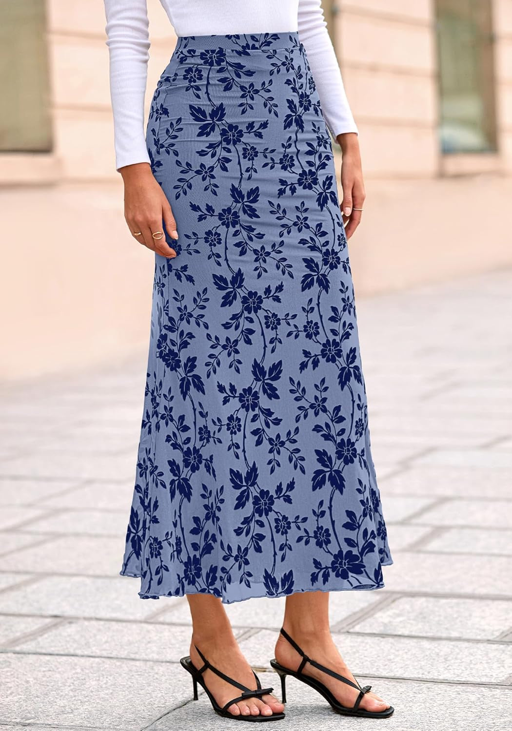 Womens Floral Mesh Maxi Skirt Elastic High Waisted Boho Elegant Mermaid 2025 Summer Fall Long Skirts for Women