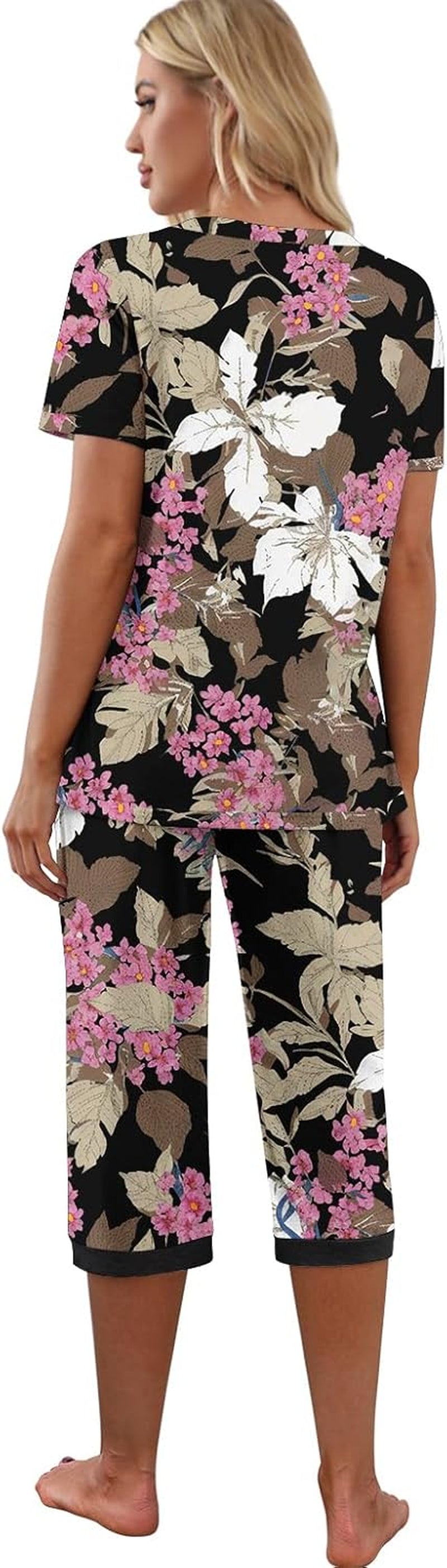 Women'S Pajama Set Short Sleeve Shirt and Capri Pants Sleepwear Pjs Sets with Pockets