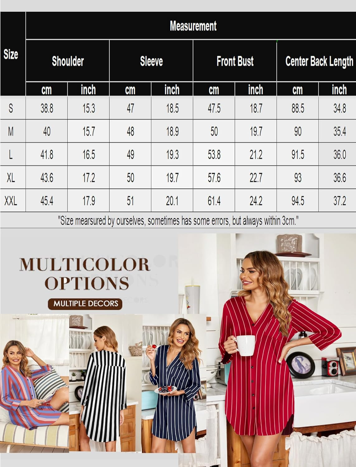 Women'S Nightgown V Neck Striped Button down Sleepwear 3/4 Sleeves Nightshirts Soft Button Sleep Dress S-XXL