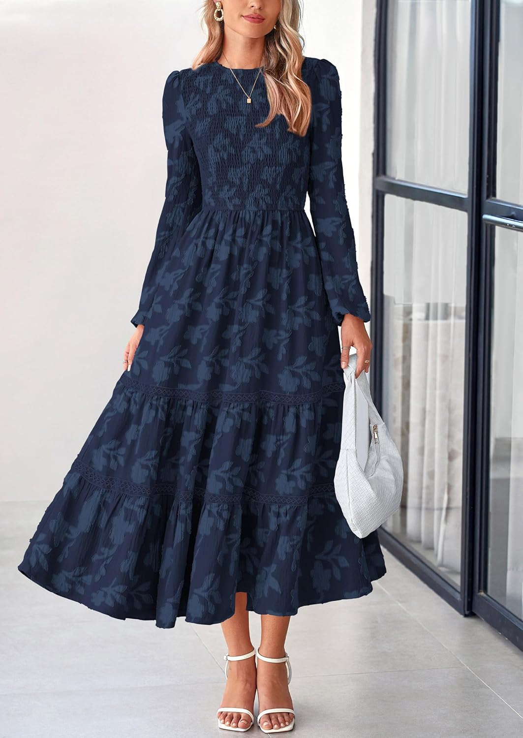 Long Sleeve Dress for Women 2025 Fall Elegant Modest Floral Boho Smocked Flowy Wedding Guest Midi Dresses