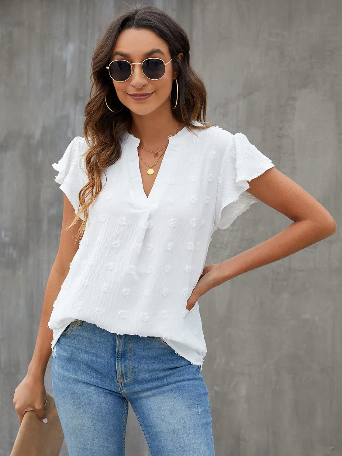 Womens White Blouse V Neck Ruffle Sleeve Flowy Shirts Dressy Casual Cute Summer Tops