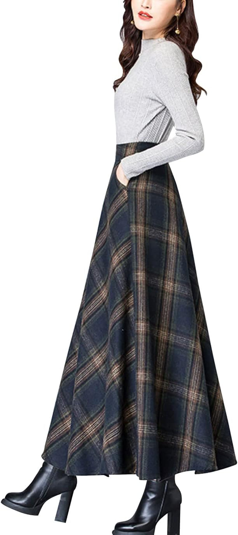Women'S Vintage High Waist Wool Blend Plaid A-Line Long Maxi Skirt with Pocket