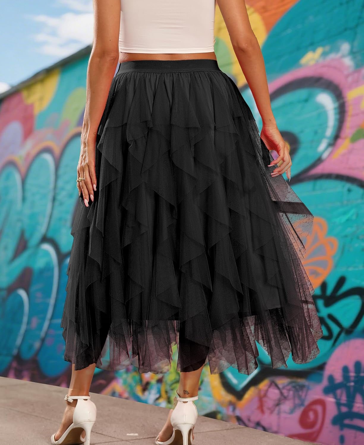 Tulle Skirts for Women a Line Fairy Tiered Skirt Midi Length High Elastic Waist Long Skirt