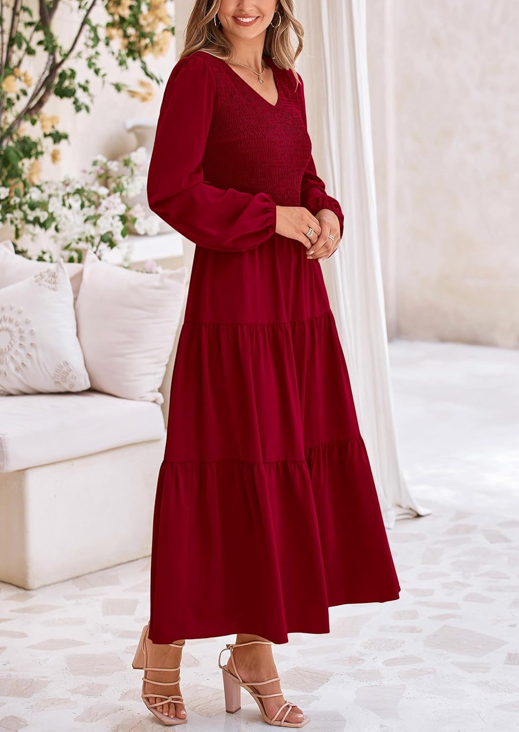 Fall Dresses for Women 2025 Casual Long Sleeve V Neck Smocked a Line Long Flowy Wedding Guest Dress