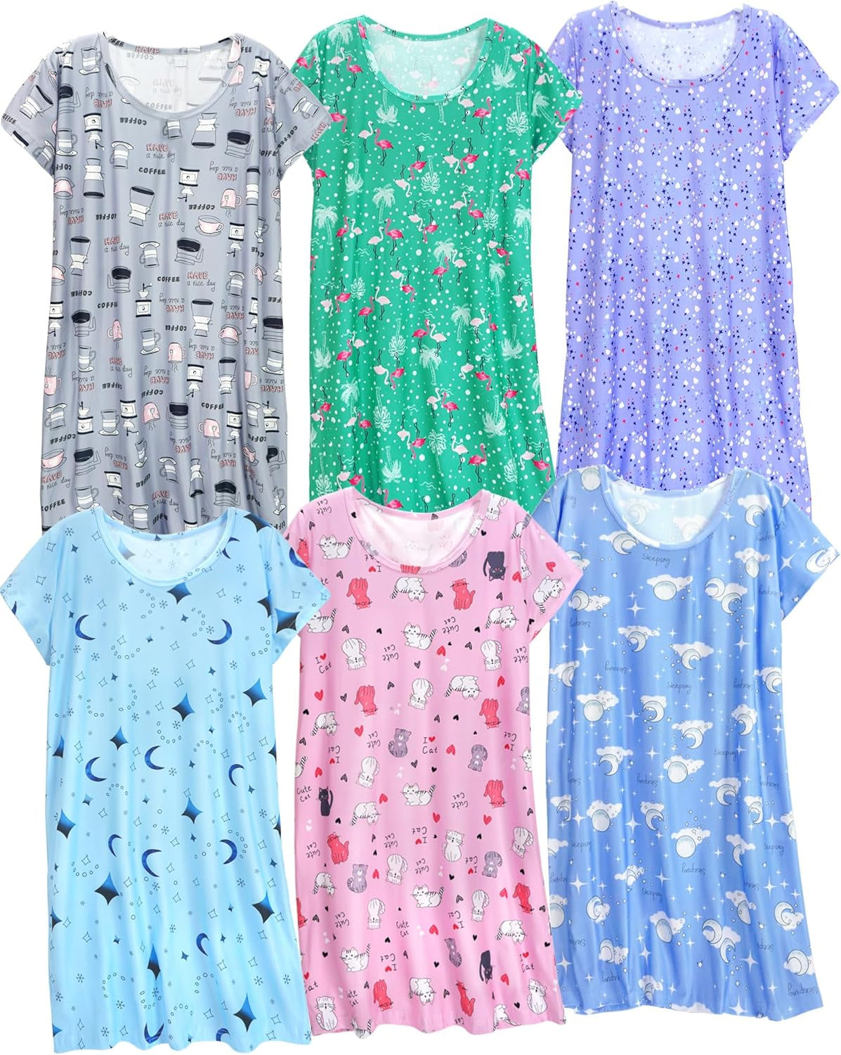 6 Pack Nightgowns for Women Soft Sleepwear Short Sleeve Women'S Nightgowns Print Sleepdress