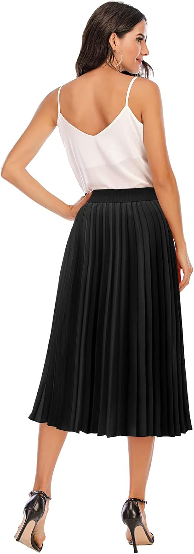 Pleated Midi Skirts for Women, Long Aline High Elastic Waisted Holiday Party Skirt