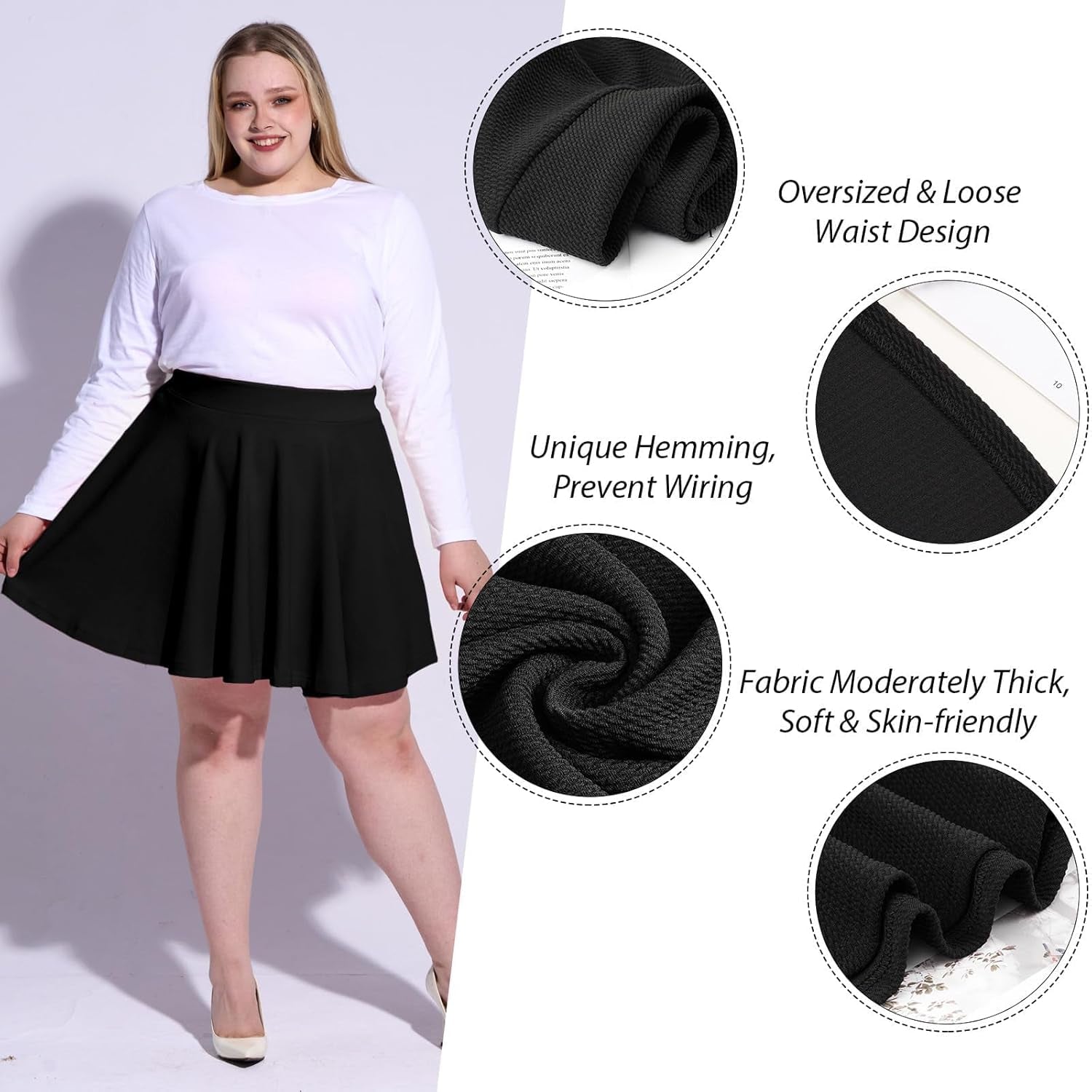 Women'S plus Size Mini Skater Skirt- Basic Versatile High Waisted Flared Casual Stretchy Skirts