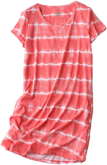 Women'S Cotton Nightgown Sleepwear Short Sleeves Nightshirt Casual Print Sleepdress Loose Comfy Pajama