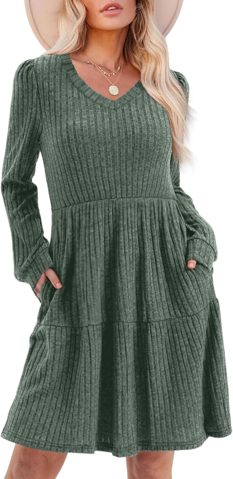 Womens V Neck Long Sleeve Fall Dresses Baby Doll Casual Sweater Dress Fashion Clothes