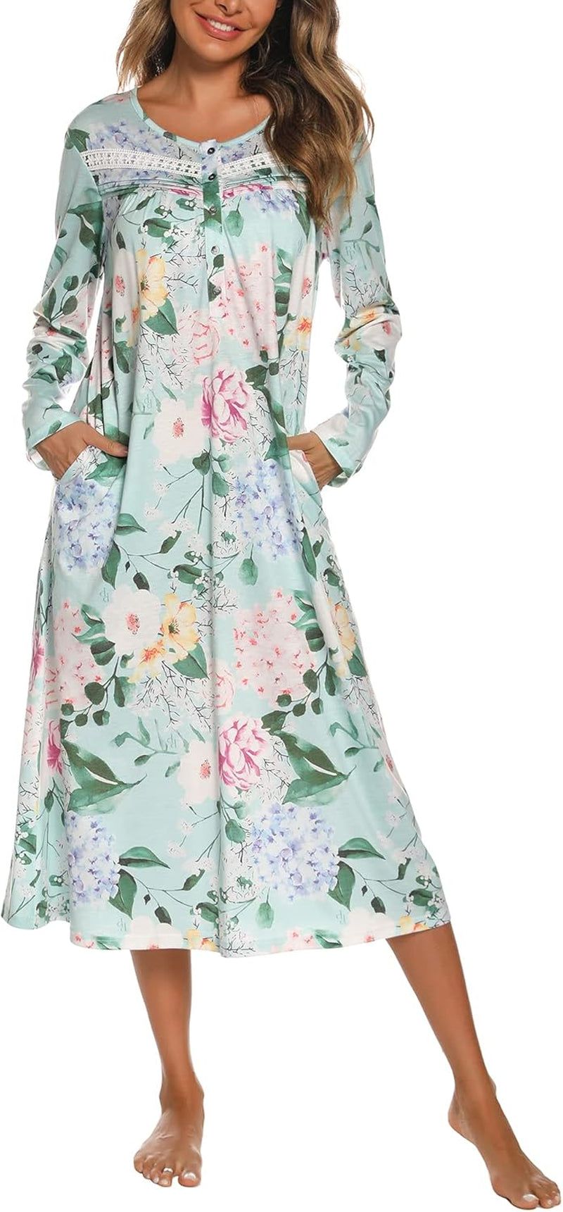 Nightgowns for Women Soft Cotton Long Sleeve Night Gwon with Pockets