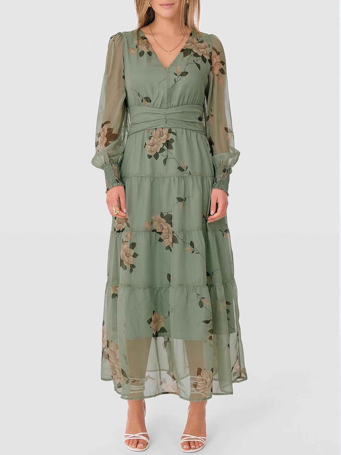 Womens Floral Long Sleeve Maxi Dress V Neck Chiffon Flowy Boho A-Line 2025 Fall Wedding Guest Party Wrap Dresses