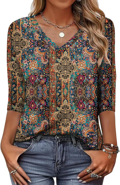 Womens 3/4 Length Sleeve Tunic Tops Casual V Neck Shirts Basic Tees Business Work Blouses Summer Fall 2025 Clothes