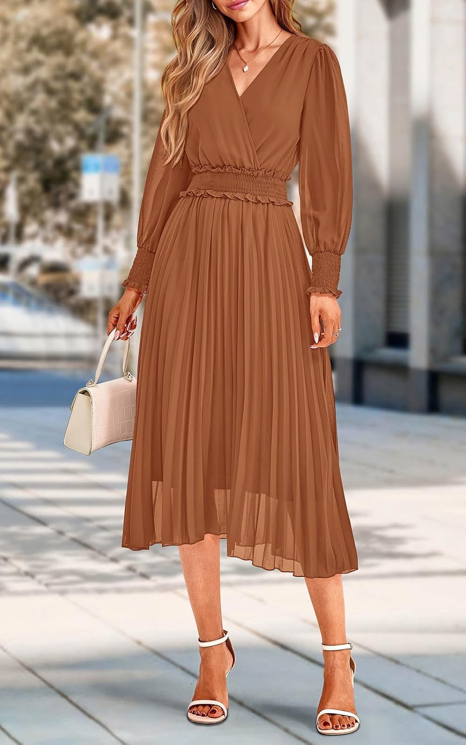Womens Wrap V Neck Fall Dresses Wedding Guest Casual Pleated Long Sleeve Midi Dress Ruffle Smocked Long Dress
