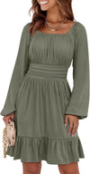 Womens Dress Long Lantern Sleeve Square Neck Elastic Waist Ruffle Flowy Swing A-Line Short Dresses 2025 Fall Fashion