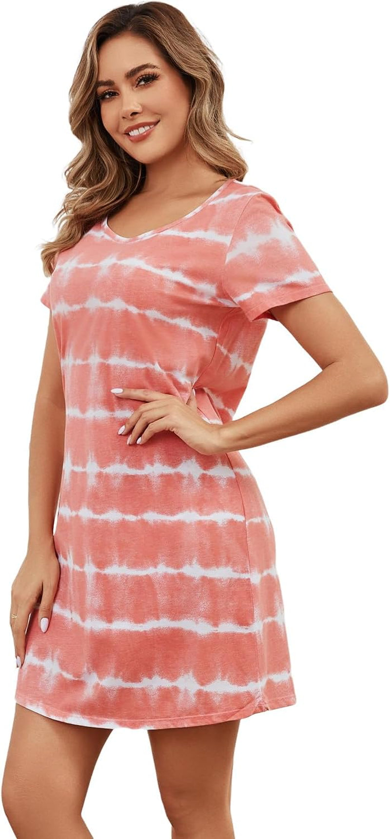 Women'S Cotton Nightgown Sleepwear Short Sleeves Nightshirt Casual Print Sleepdress Loose Comfy Pajama