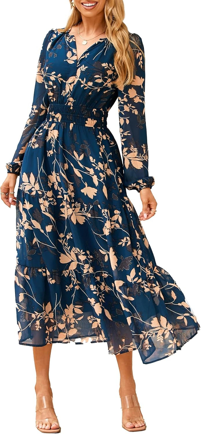 Women'S Floral Boho Long Sleeve Maxi Dress V Neck Empire Waist Swing Flowy Wedding Guest Dress