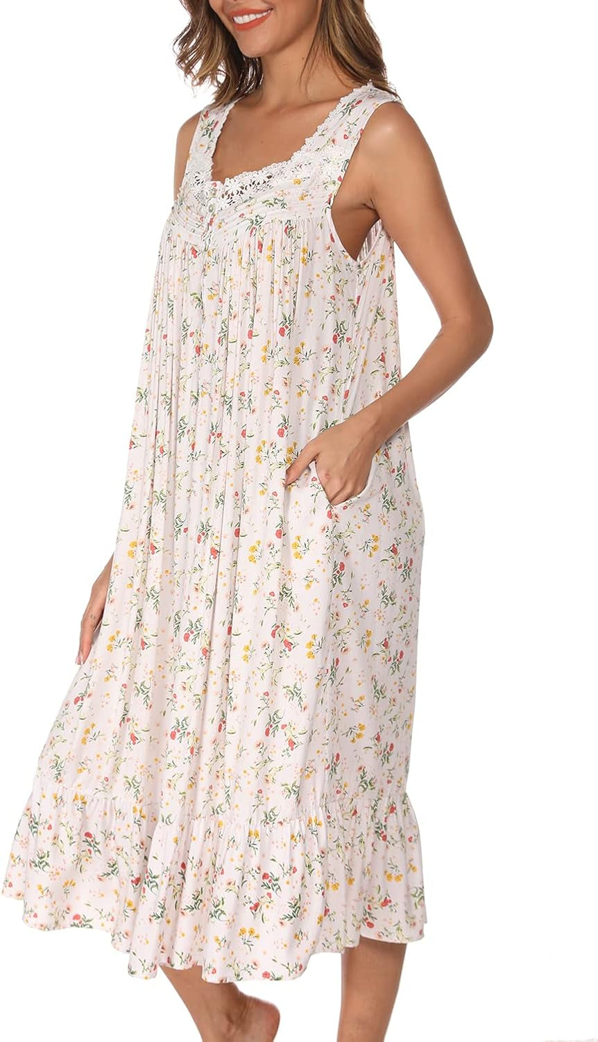 Cotton Nightgowns for Women Sleeveless House Dress Ladies Long Nightdress with Pockets S-XXL