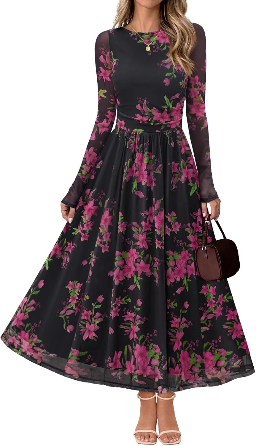 Women'S Long Sleeve Fall Wedding Guest Dress 2025 Crewneck Floral Flowy Mesh Cocktail Maxi Dresses
