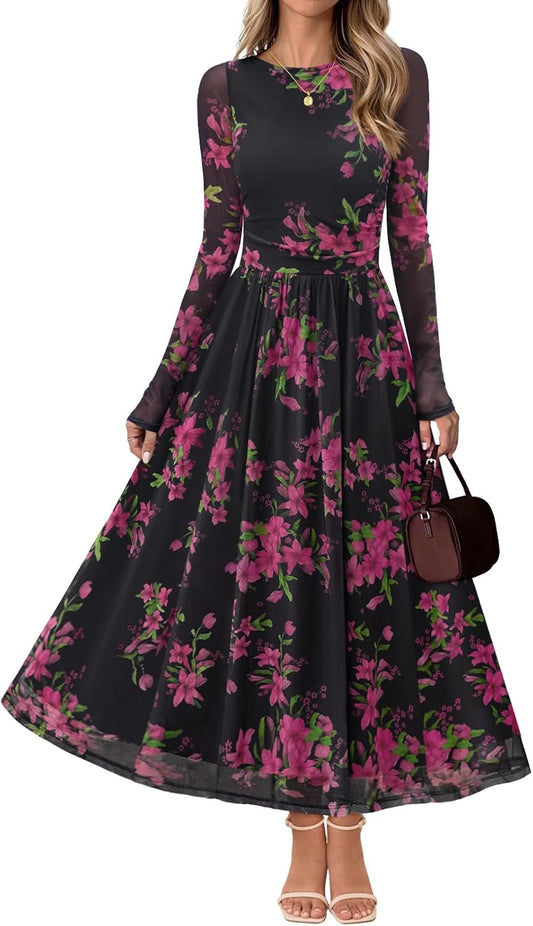 Women'S Long Sleeve Fall Wedding Guest Dress 2025 Crewneck Floral Flowy Mesh Cocktail Maxi Dresses