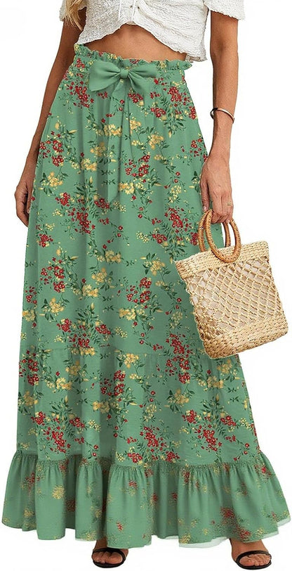 Women'S Maxi Skirt Casual a Line High Waisted Tied Adjustable Flowy Elegant Vocation Beach Long Skirt with Pocket