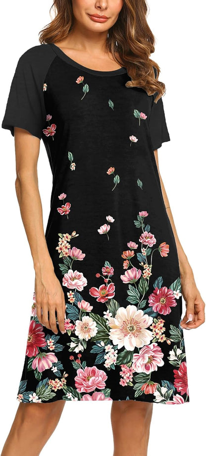 Womens Nightgown Short Sleeve Night Dress Printed Sleepwear Soft Sleep Shirt S-3XL
