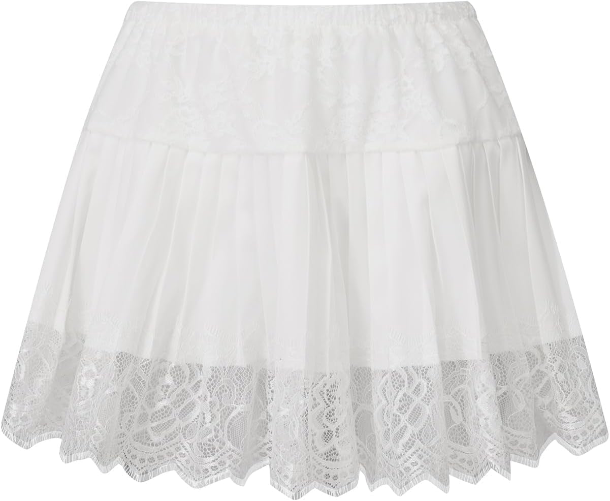 Women'S Summer Lace Mini Skirts Coquette Y2K Low Waist Solid Color Loose Fit Pleated Skirts