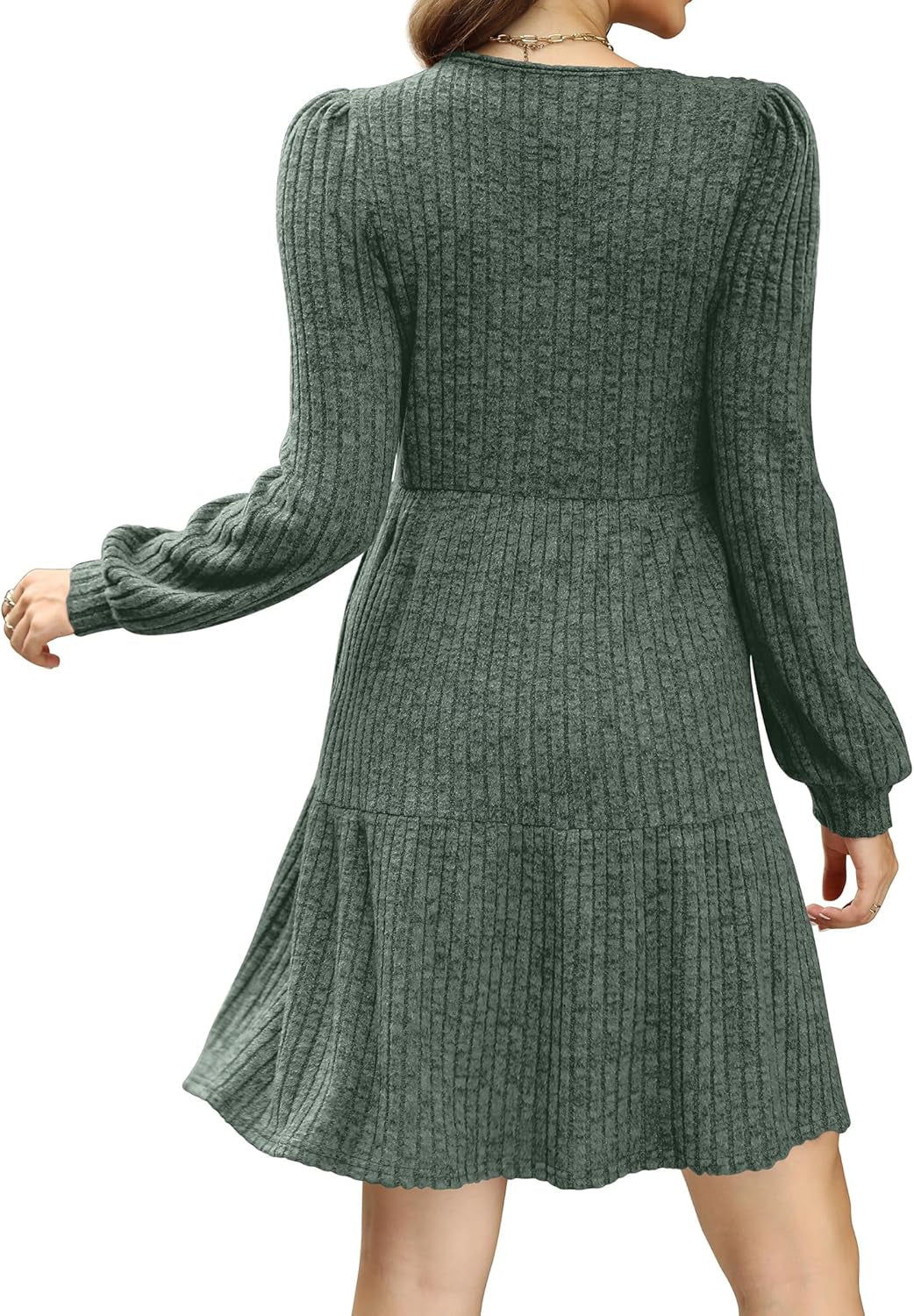 Womens Square Neck Long Sleeve Fall Dresses Casual Babydoll Sweater Dress
