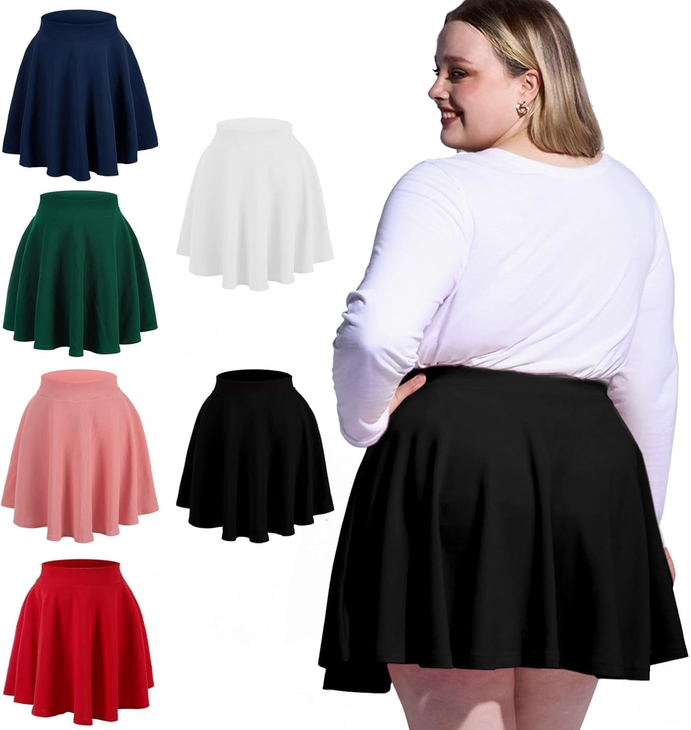 Women'S plus Size Mini Skater Skirt- Basic Versatile High Waisted Flared Casual Stretchy Skirts