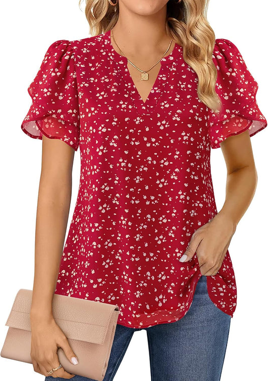 Womens Dressy Chiffon Blouses Summer Puff Petal Short Sleeve Shirts V Neck Casual Work Tops