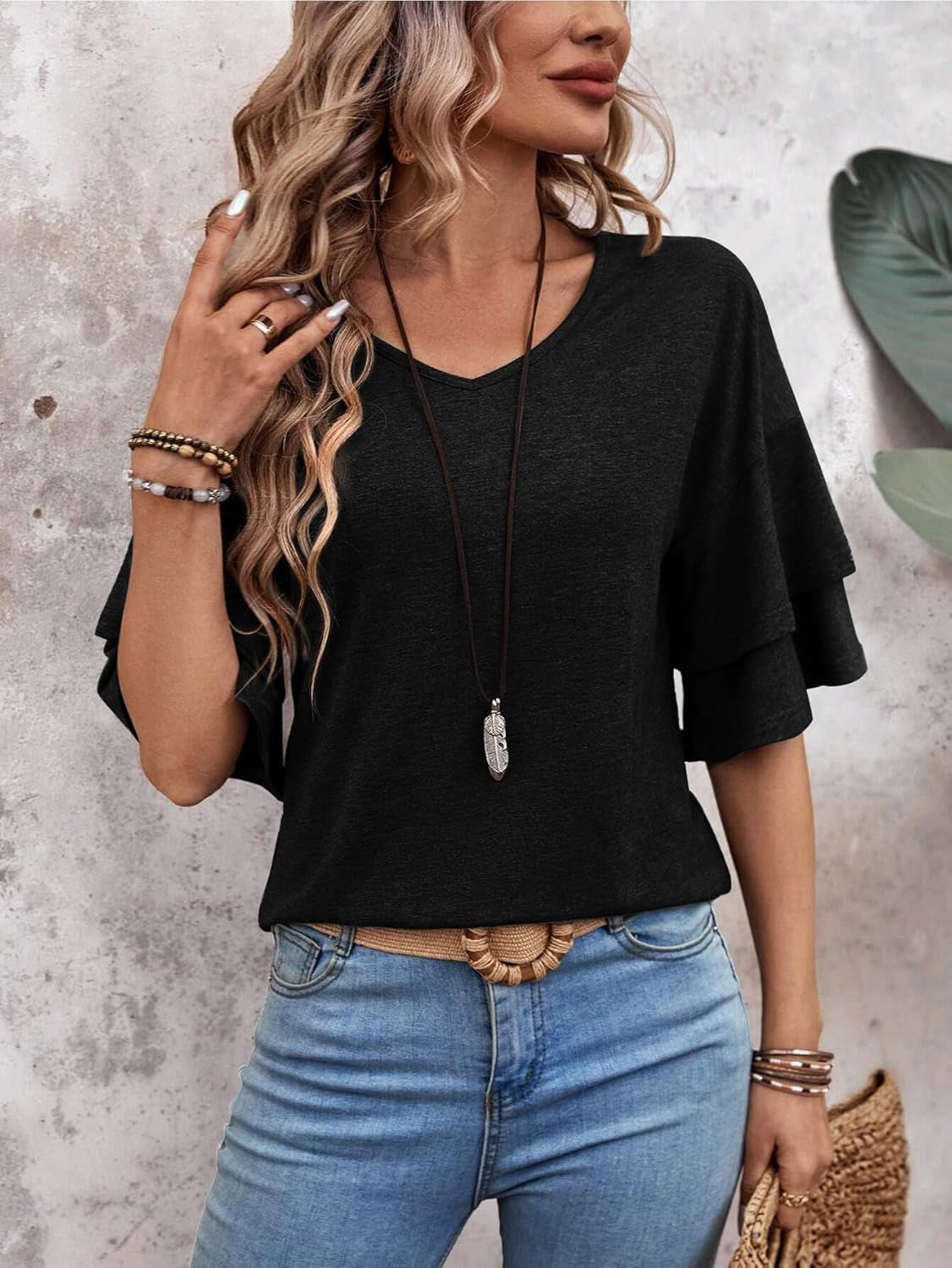 Womens Blouses Ruffle Sleeve Top V Neck Shirts Casual Outfit Bell Sleeve Cute Tee Spring Fall Summer Fashion Clothes