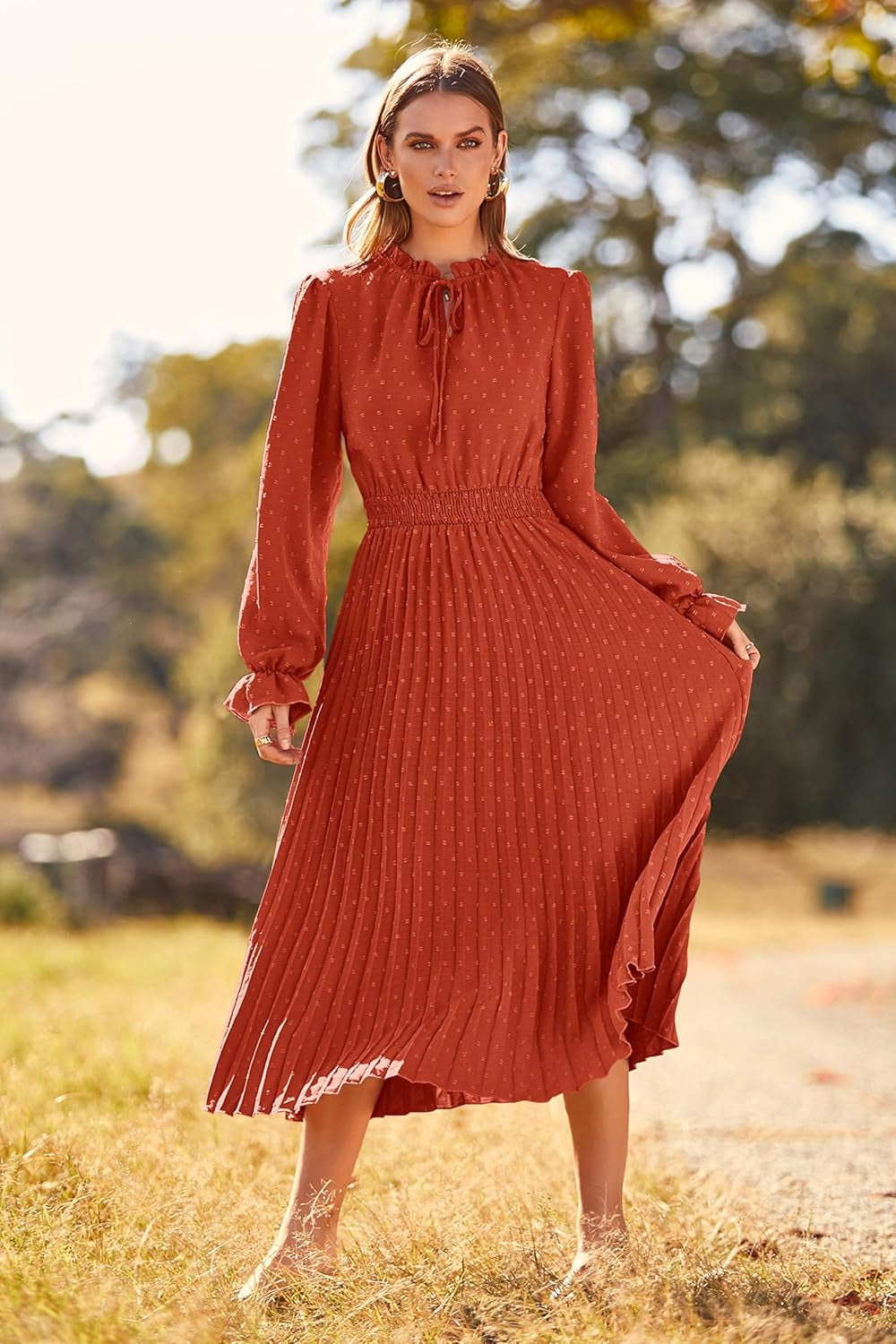 Women'S 2025 Spring Fall Midi Dress Casual Long Sleeve V Neck Swiss Dot Pleated a Line Flowy Dresses