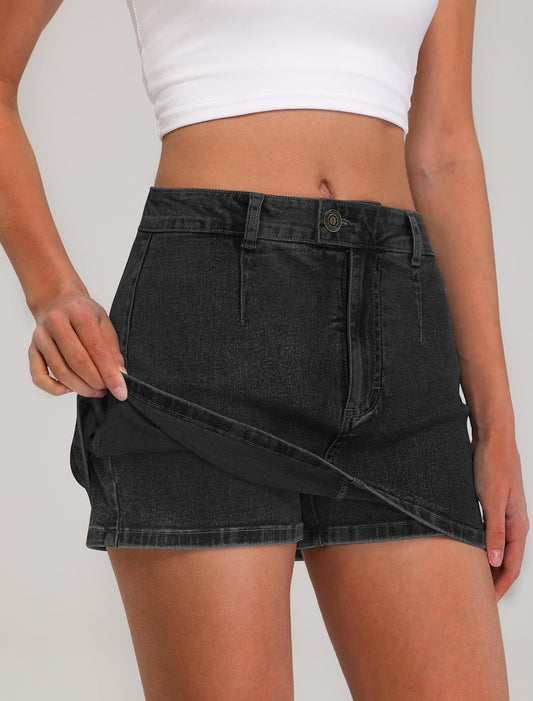 Denim Mini Skirt for Women Low Waisted Jean Micro Skort with Shorts Stretch Casual Jean Skirt