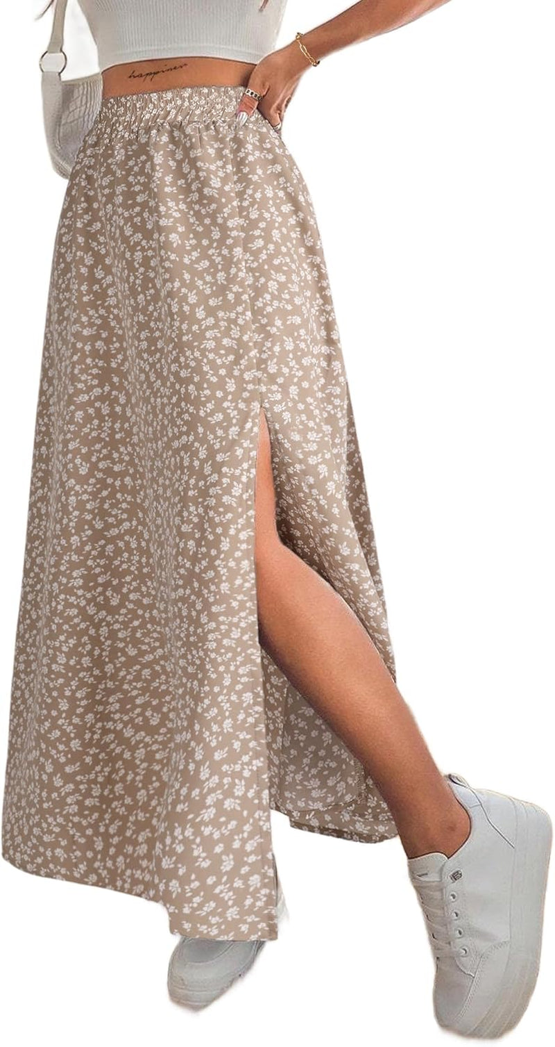 Women Boho Floral Slit Maxi Skirt Split Thigh High Waisted Long Sexy Skirt