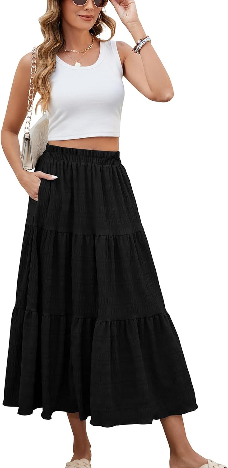 Women'S Summer Casual Elegant Smock Layered Tiered Maxi Skirt High Waisted a Line Flowy Long Skirts with Pockets