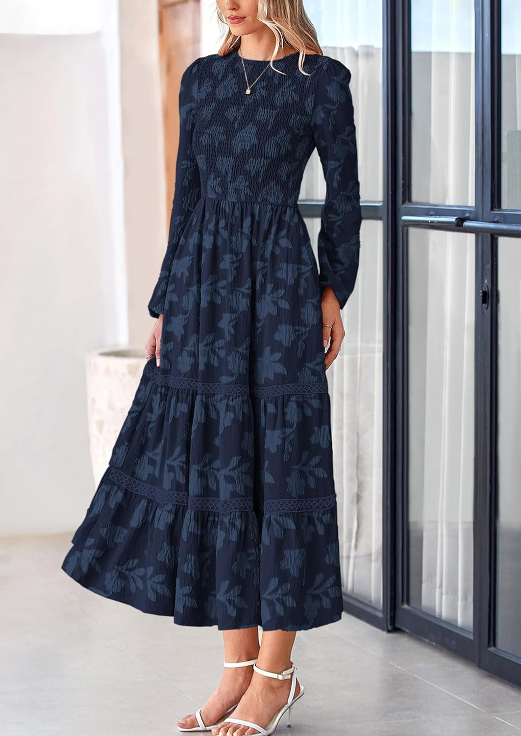 Long Sleeve Dress for Women 2025 Fall Elegant Modest Floral Boho Smocked Flowy Wedding Guest Midi Dresses