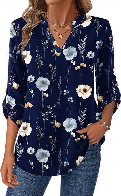 Womens Roll up Long Sleeve Tops V Neck Shirts Dressy Casual Work Blouses S-2XL