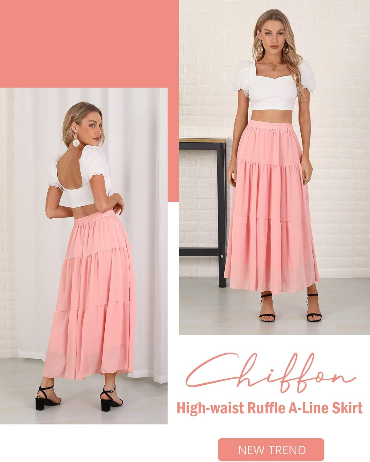 Womens Chiffon Maxi A-Line Skirts Elastic High Waist Ruffle Beach Long Flowy Skirt