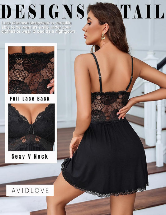 Women Chemise Night Gown Lace Modal Sleepwear V-Neck Full Slip Babydoll Lingerie Sexy Nightgowns
