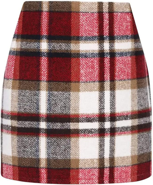 Womens Wool Plaid Mini Skirt Fall Winter High Waisted Bodycon Pencil Skirt